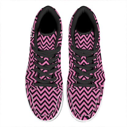 Black And Pink Chevron Pattern Print High Top Leather Sneakers