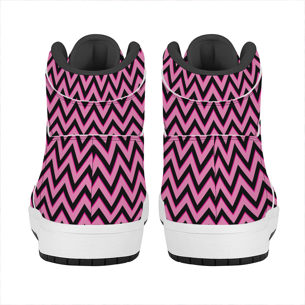 Black And Pink Chevron Pattern Print High Top Leather Sneakers