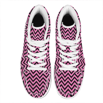 Black And Pink Chevron Pattern Print High Top Leather Sneakers