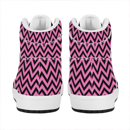 Black And Pink Chevron Pattern Print High Top Leather Sneakers