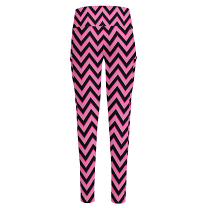 Black And Pink Chevron Pattern Print High-Waisted Pocket Leggings