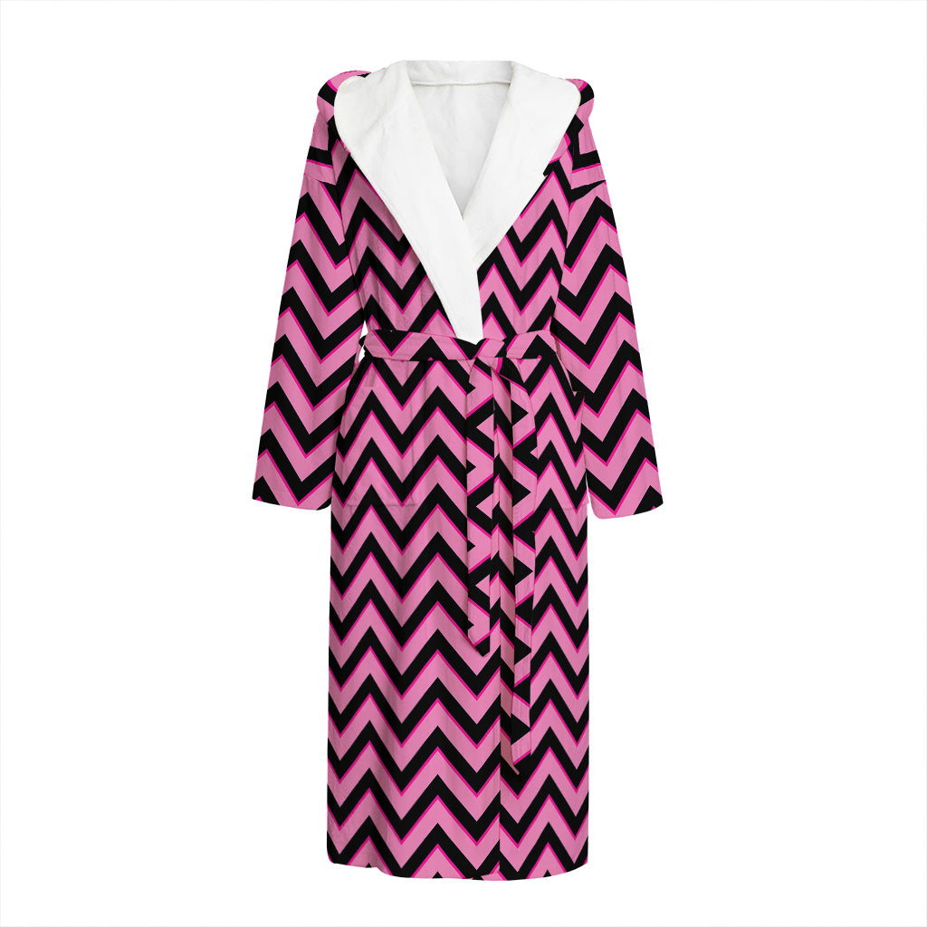 Black And Pink Chevron Pattern Print Hooded Bathrobe