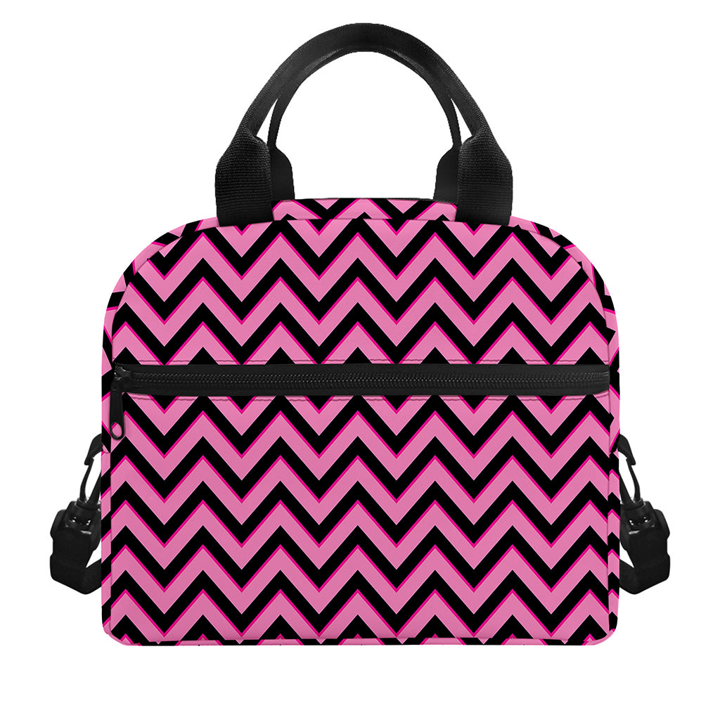 Black And Pink Chevron Pattern Print Insulated Lunch Bag