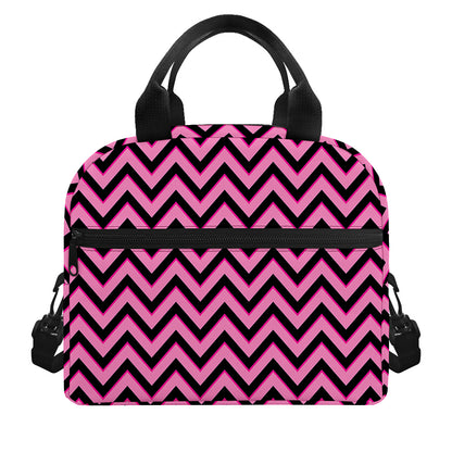 Black And Pink Chevron Pattern Print Insulated Lunch Bag