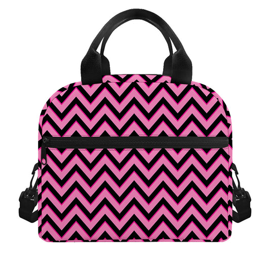 Black And Pink Chevron Pattern Print Insulated Lunch Bag