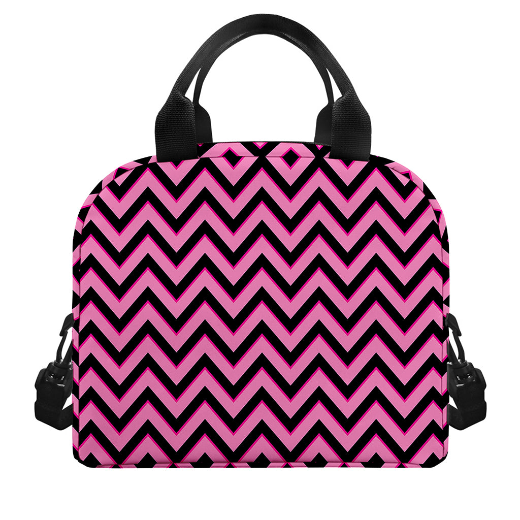 Black And Pink Chevron Pattern Print Insulated Lunch Bag