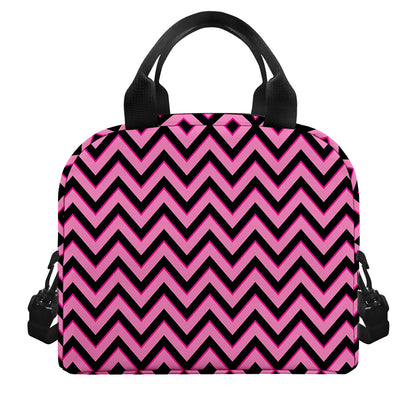 Black And Pink Chevron Pattern Print Insulated Lunch Bag