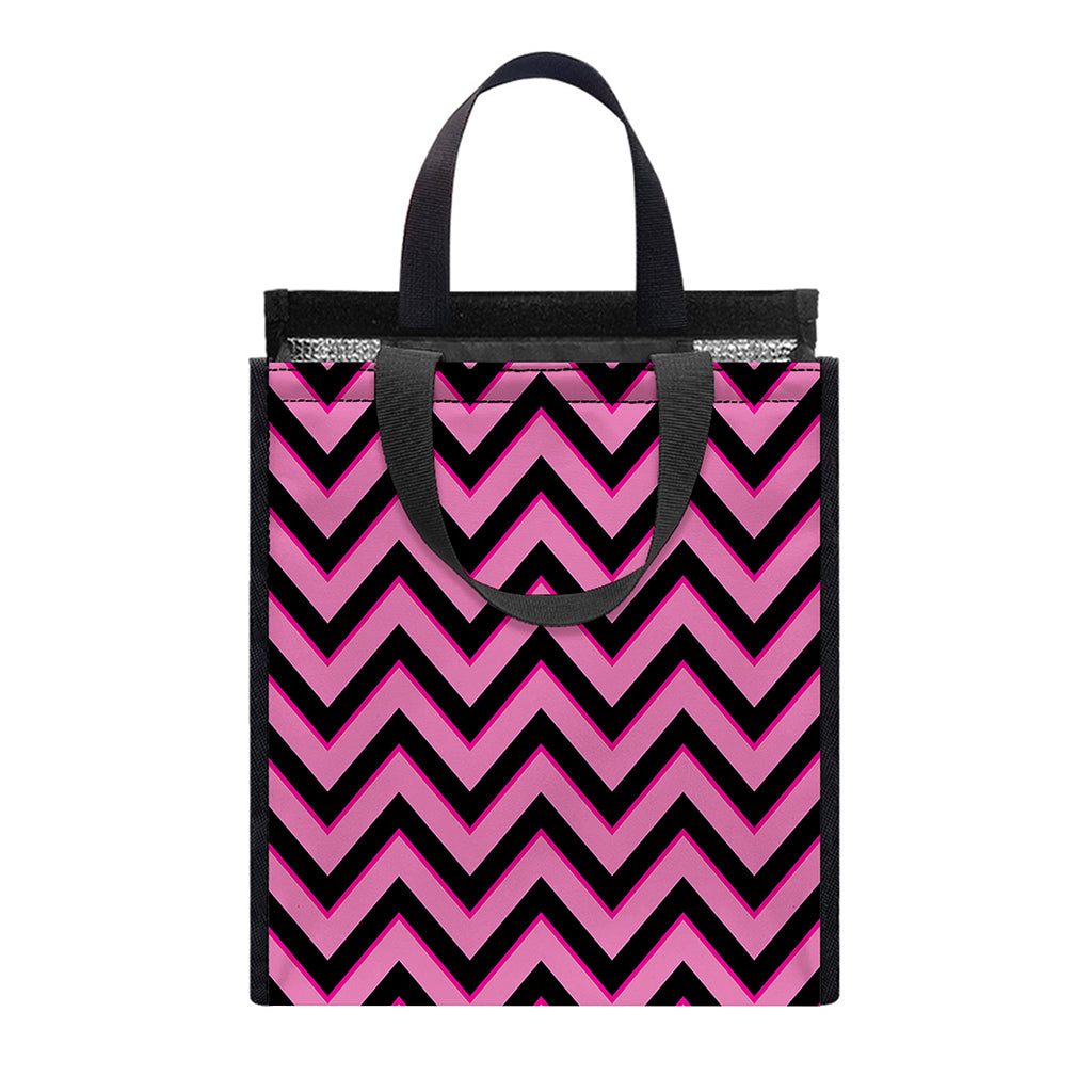 Black And Pink Chevron Pattern Print Insulated Lunch Tote