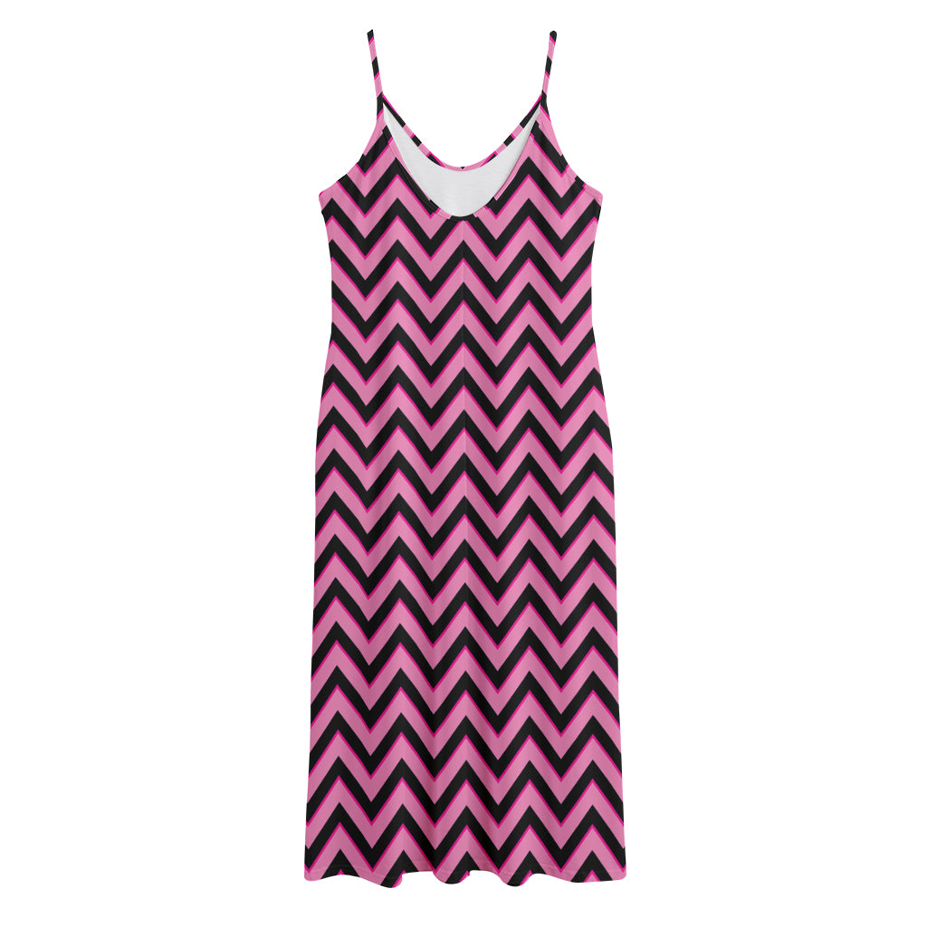 Black And Pink Chevron Pattern Print Jersey Midi Cami Dress