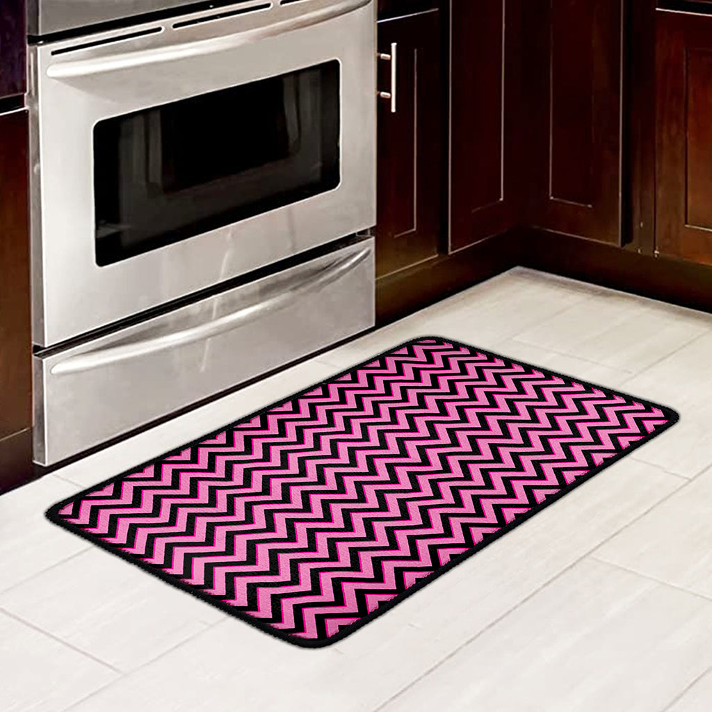 Black And Pink Chevron Pattern Print Kitchen Mat