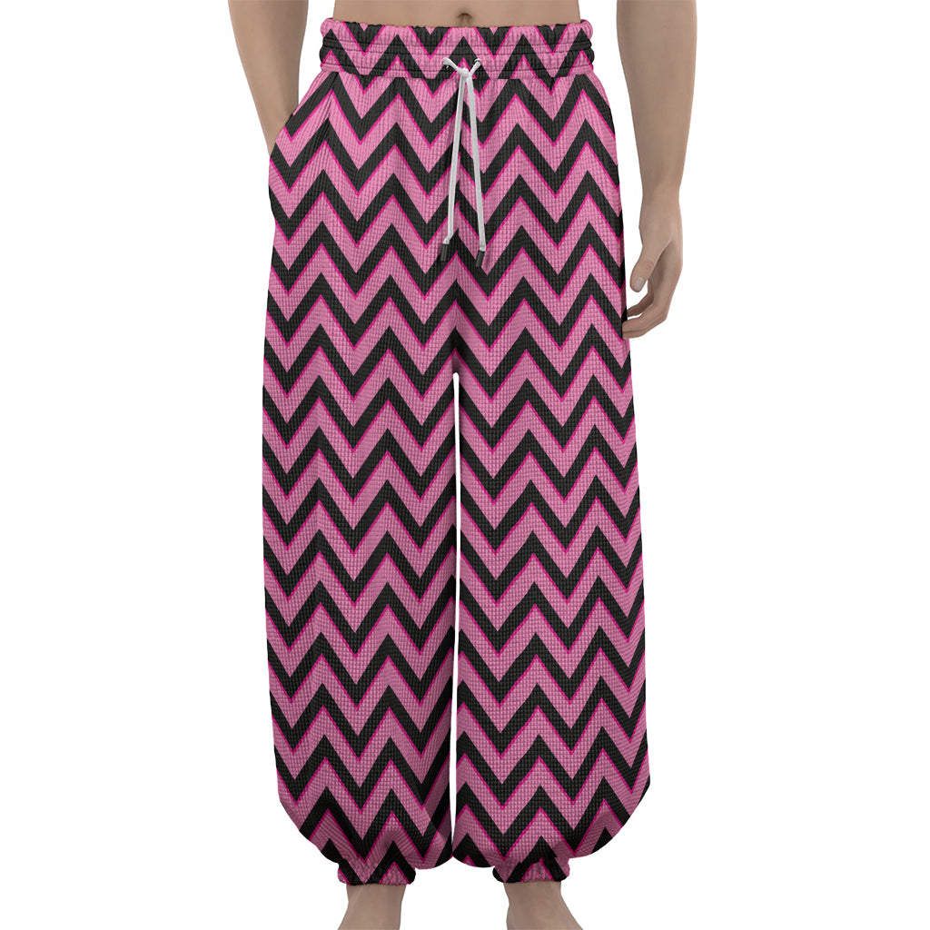 Black And Pink Chevron Pattern Print Lantern Pants