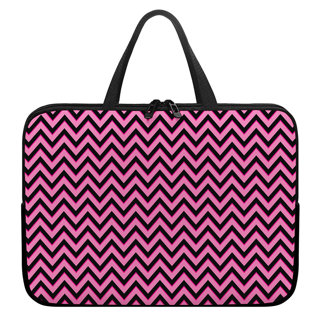 Black And Pink Chevron Pattern Print Laptop Sleeve With Handle