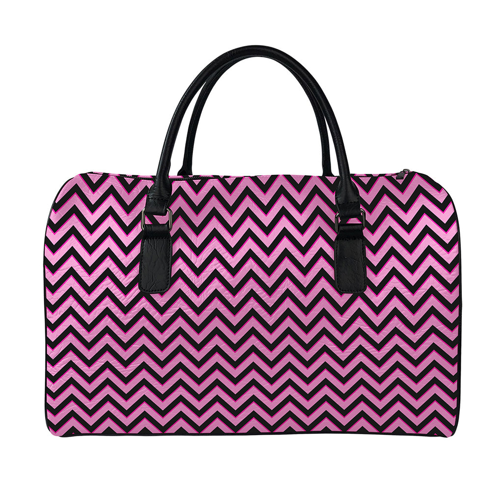 Black And Pink Chevron Pattern Print Leather Duffle Bag