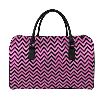 Black And Pink Chevron Pattern Print Leather Duffle Bag