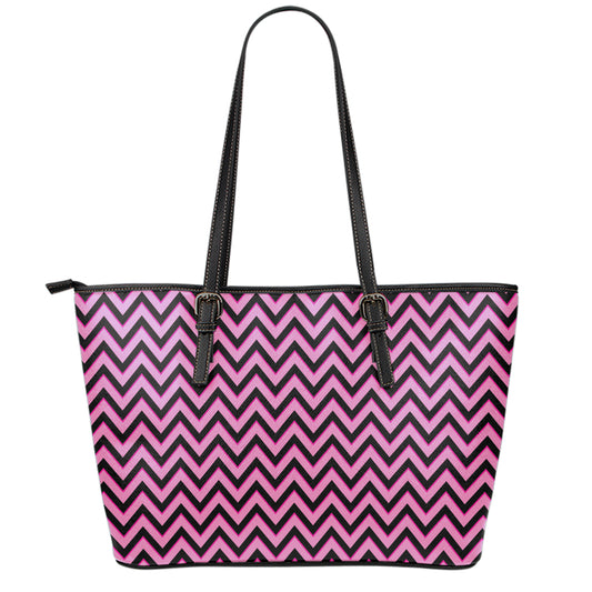 Black And Pink Chevron Pattern Print Leather Tote Bag
