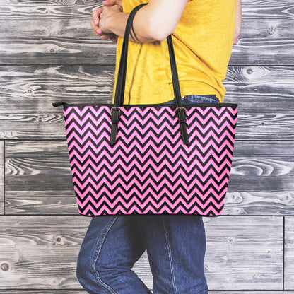 Black And Pink Chevron Pattern Print Leather Tote Bag