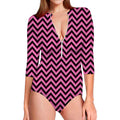 Black And Pink Chevron Pattern Print Long Sleeve Swimsuit