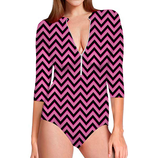 Black And Pink Chevron Pattern Print Long Sleeve Swimsuit