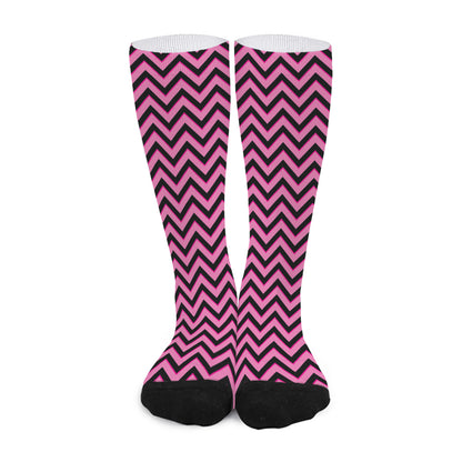 Black And Pink Chevron Pattern Print Long Socks