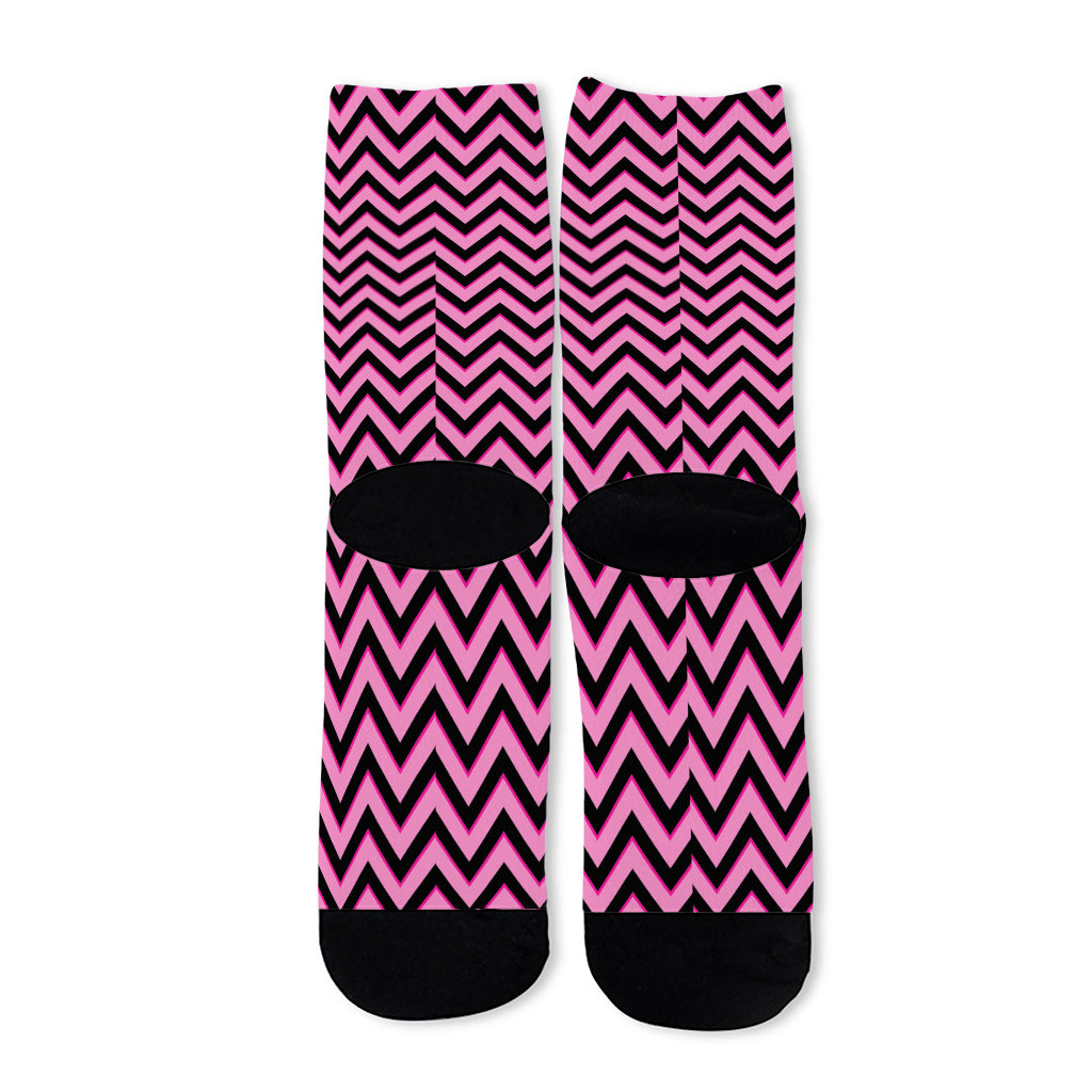 Black And Pink Chevron Pattern Print Long Socks