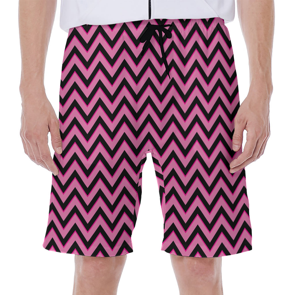 Black And Pink Chevron Pattern Print Men's Beach Shorts