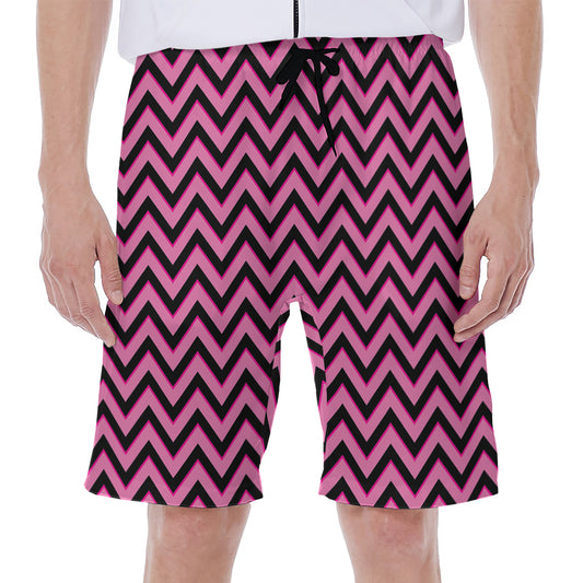 Black And Pink Chevron Pattern Print Men's Beach Shorts
