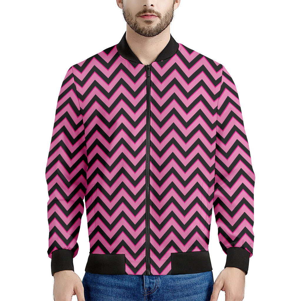 Black And Pink Chevron Pattern Print Men's Bomber Jacket