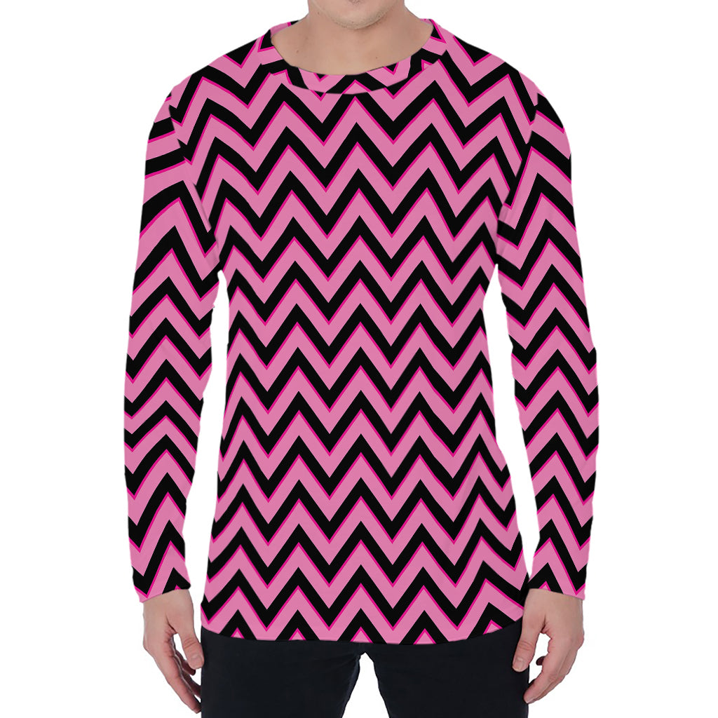 Black And Pink Chevron Pattern Print Men's Long Sleeve T-Shirt