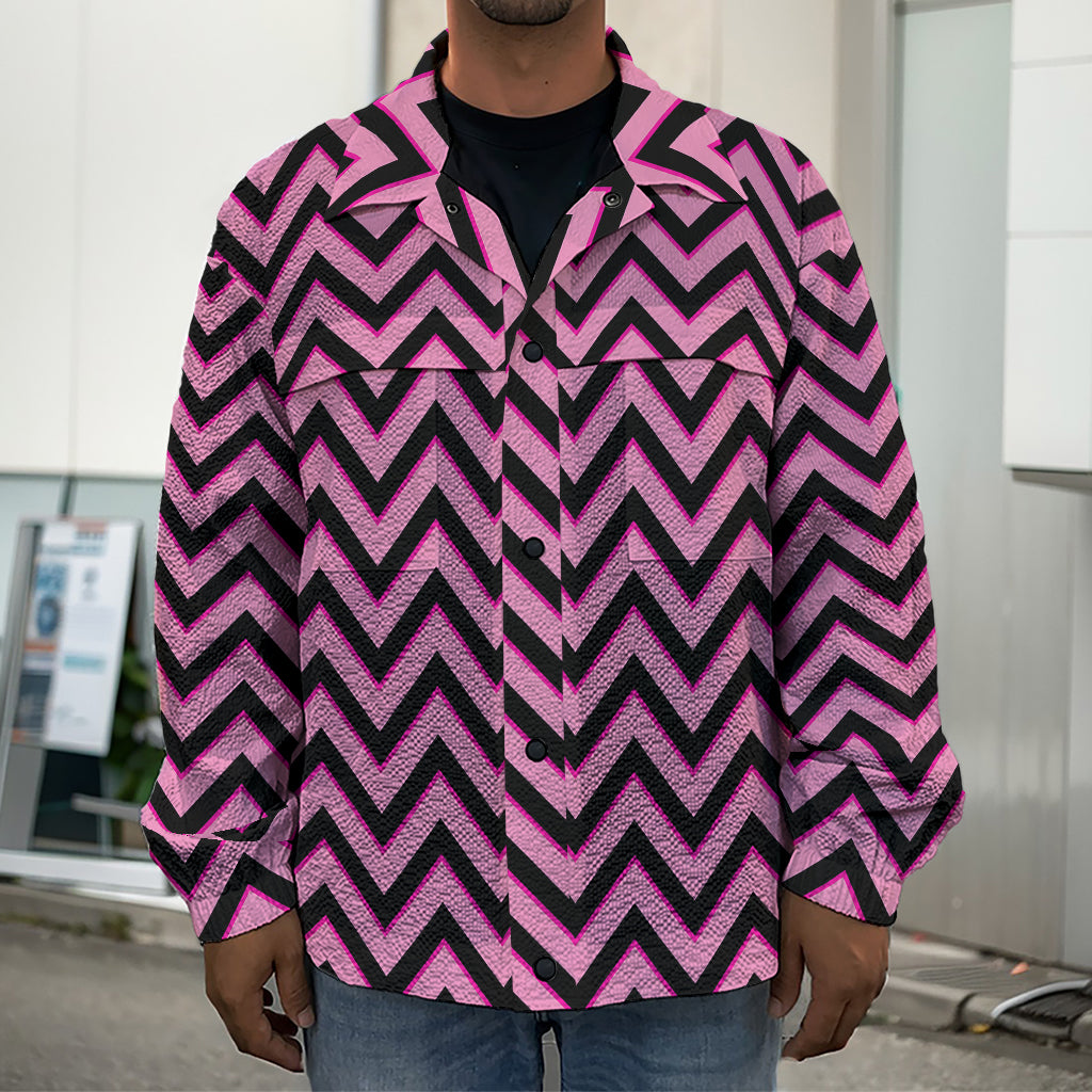 Black And Pink Chevron Pattern Print Men's Shirt Jacket