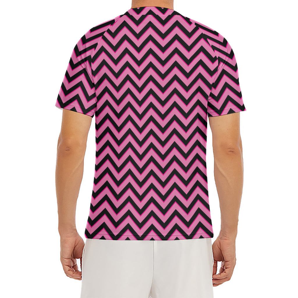 Black And Pink Chevron Pattern Print Men's Short Sleeve Rash Guard