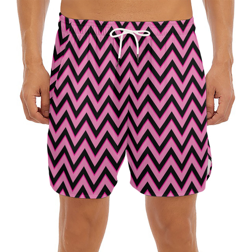 Black And Pink Chevron Pattern Print Men's Split Running Shorts