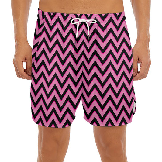 Black And Pink Chevron Pattern Print Men's Split Running Shorts