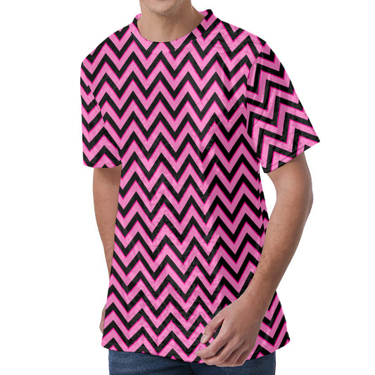 Black And Pink Chevron Pattern Print Men's Velvet T-Shirt