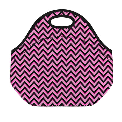 Black And Pink Chevron Pattern Print Neoprene Lunch Bag