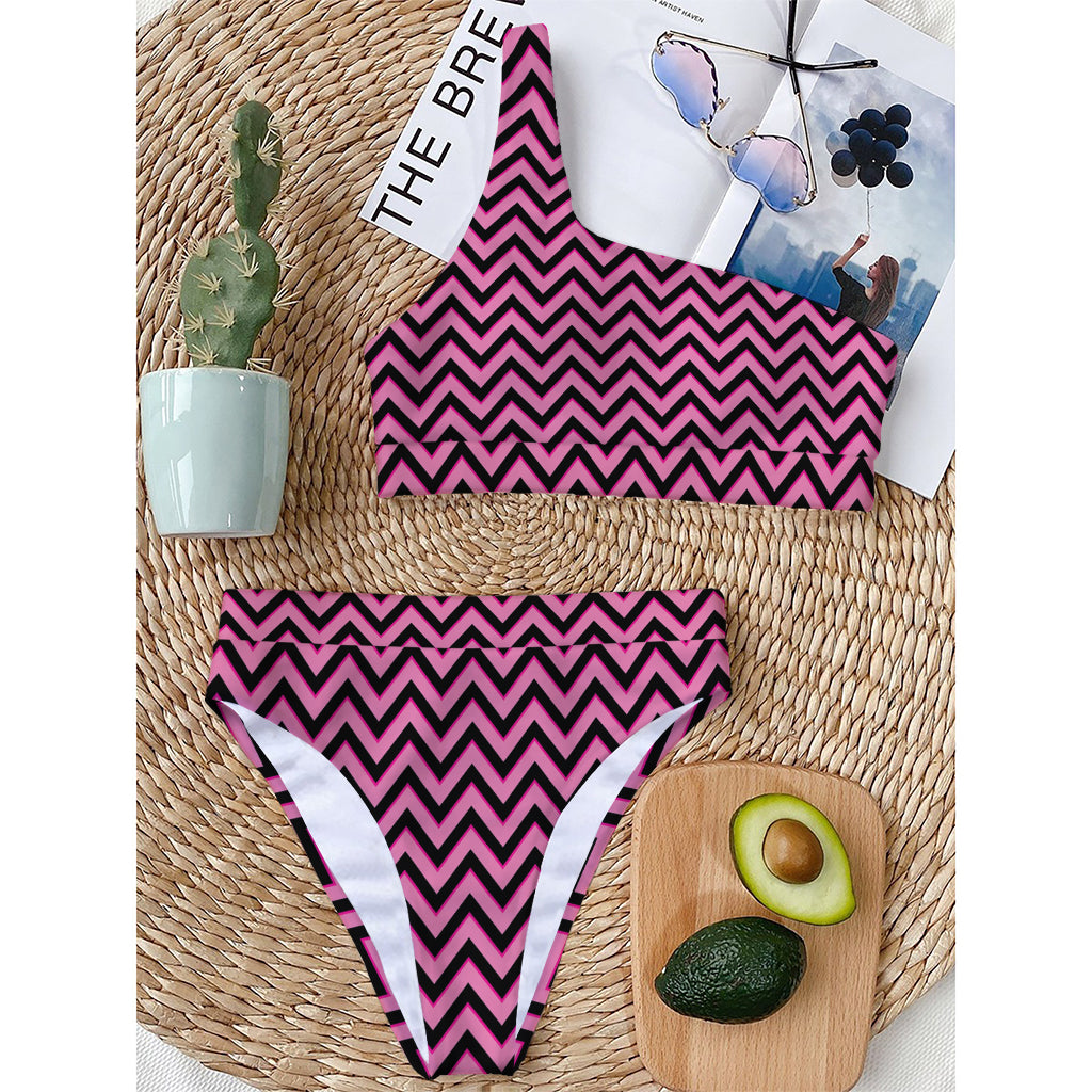 Black And Pink Chevron Pattern Print One Shoulder Bikini Top