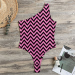Black And Pink Chevron Pattern Print One Shoulder Bodysuit