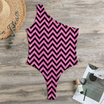 Black And Pink Chevron Pattern Print One Shoulder Bodysuit