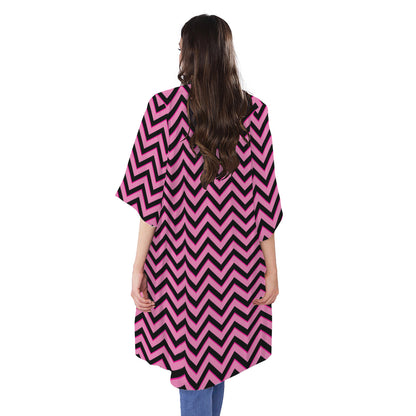 Black And Pink Chevron Pattern Print Open Front Beach Cover Up