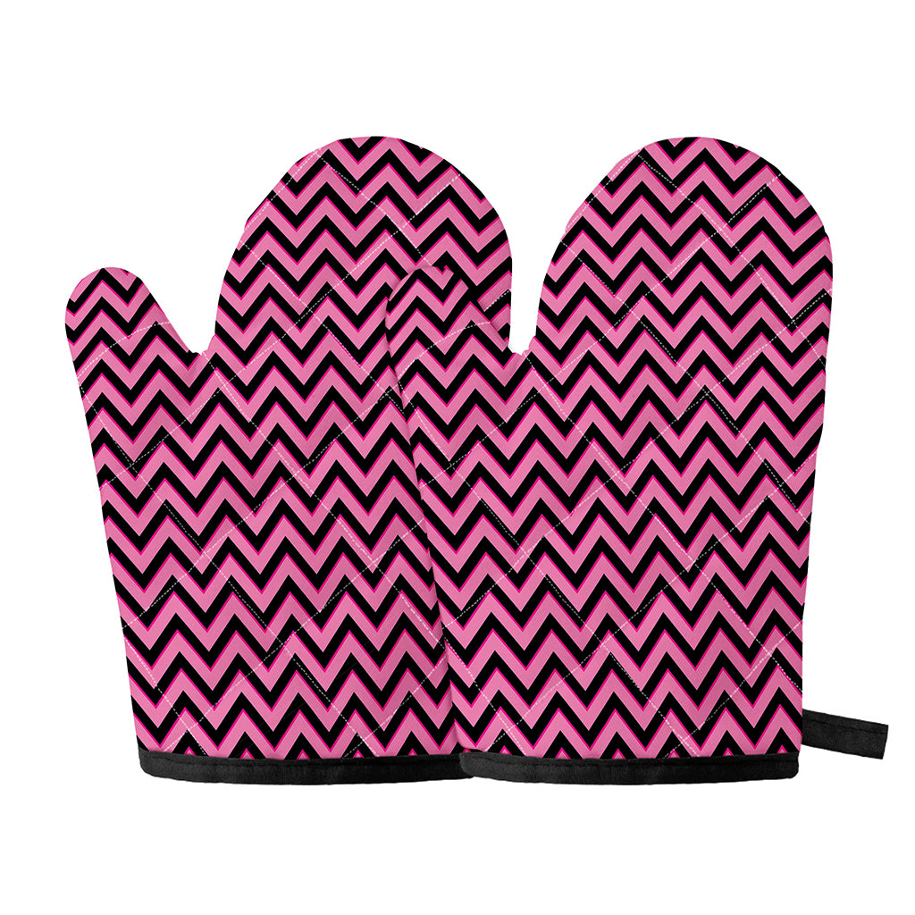 Black And Pink Chevron Pattern Print Oven Mitts