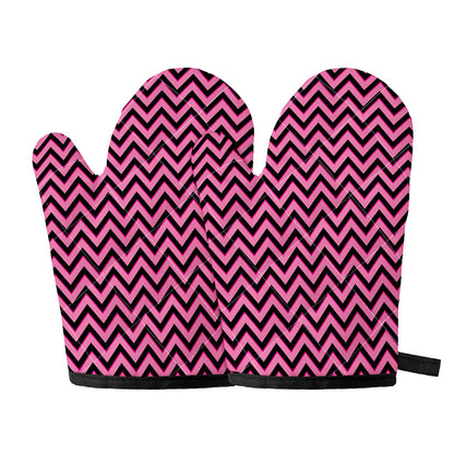 Black And Pink Chevron Pattern Print Oven Mitts
