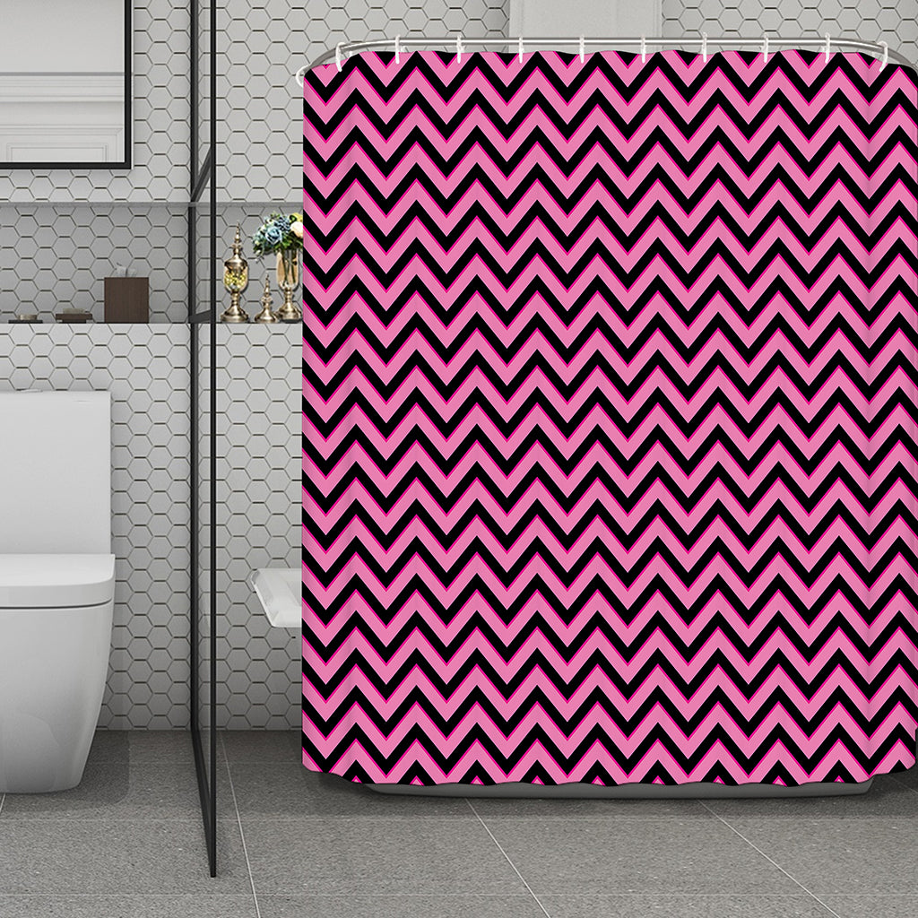 Black And Pink Chevron Pattern Print Polyester Shower Curtain