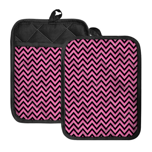 Black And Pink Chevron Pattern Print Pot Holders With Pocket