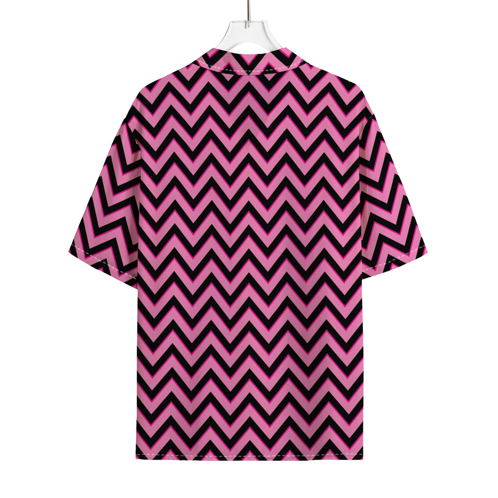 Black And Pink Chevron Pattern Print Rayon Hawaiian Shirt