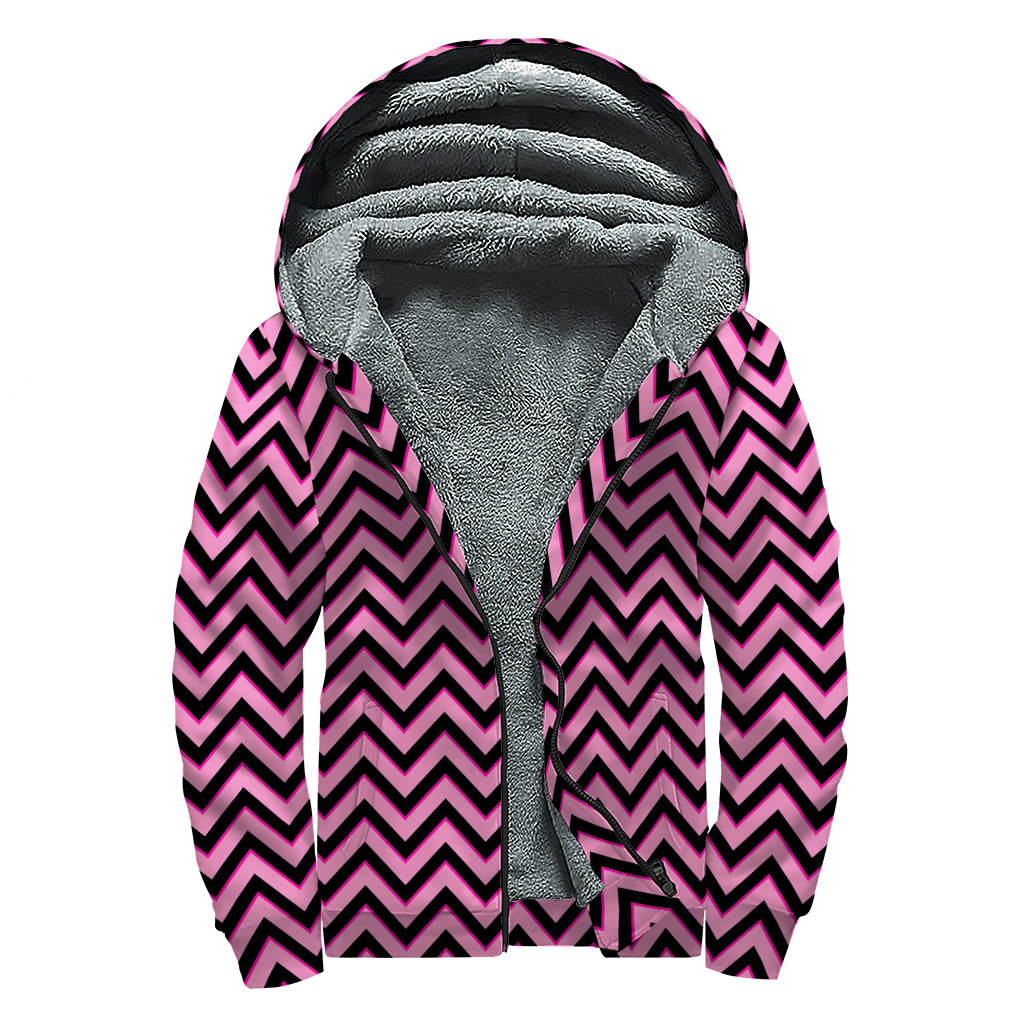 Black And Pink Chevron Pattern Print Sherpa Lined Zip Up Hoodie