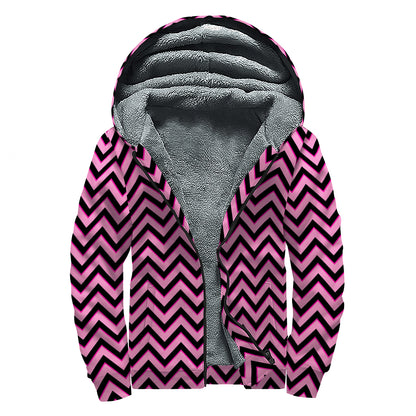 Black And Pink Chevron Pattern Print Sherpa Lined Zip Up Hoodie