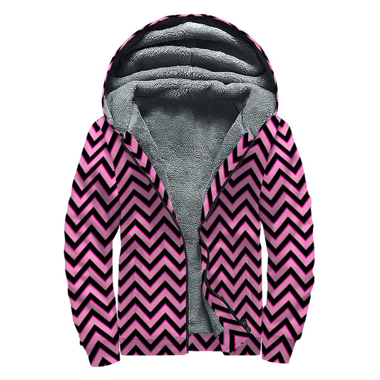 Black And Pink Chevron Pattern Print Sherpa Lined Zip Up Hoodie