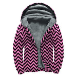 Black And Pink Chevron Pattern Print Sherpa Lined Zip Up Hoodie