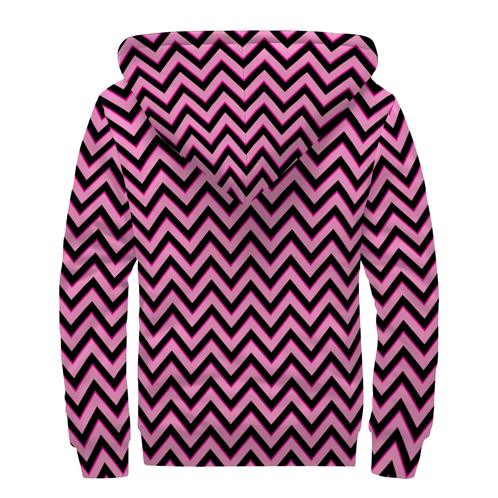 Black And Pink Chevron Pattern Print Sherpa Lined Zip Up Hoodie