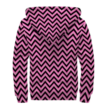 Black And Pink Chevron Pattern Print Sherpa Lined Zip Up Hoodie