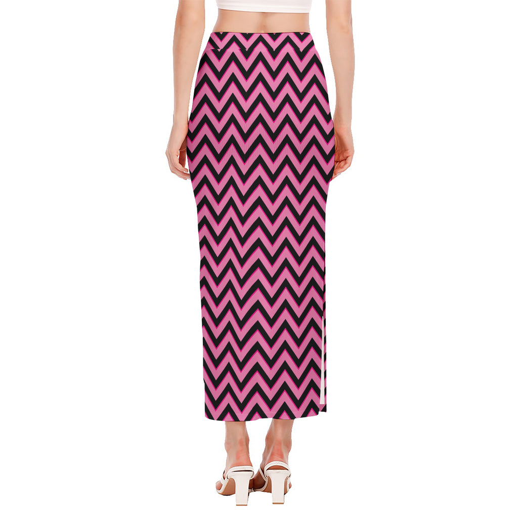 Black And Pink Chevron Pattern Print Side Slit Maxi Skirt